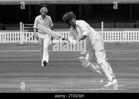 Norman ('Smokey") Featherstone batting, for Middlesex against Leicestershire at Lord's Cricket Ground, London, England 1976. The fielder is David Gower. Stock Photo