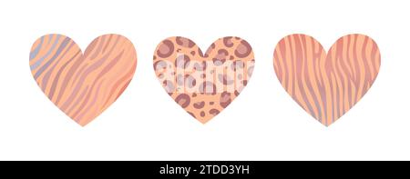 Set of hearts for Valentines Day. trendy color Peach Fuzz. With an animalistic pattern. Zebra, leopard, tiger. Safari. For stickers, posters, postcard Stock Vector