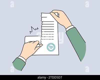 Hands tear up sealed contract to get rid of non-income-generating business obligations or quit job. Person destroys legal documents that could indicate criminal actions of business or corporation. Stock Vector