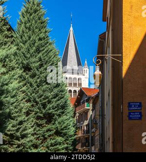 Notre Dame de Liesse Church, and its magnificent bell tower, passage of the cathedral, in Annecy, Haute Savoie, France. Stock Photo