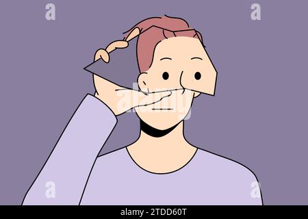 Man experiencing mental disorder holds piece of mirror near face suffering from mental illness. Young sad guy with broken glass in hand looks at screen in need of psychological help. Stock Vector