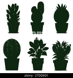 Set different potted houseplants silhouettes. Indoor flowers or plants in flower pots flat vector illustrations collection Stock Vector