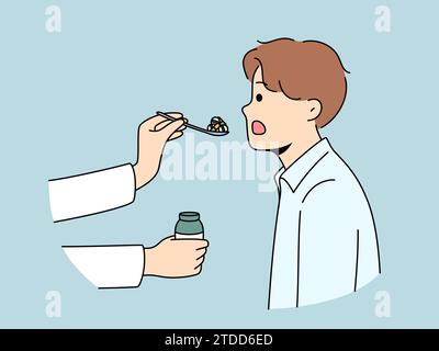 Doctor hand with pills in spoon near patient opening mouth to take painkillers and cure disease. Clinic patient receives pharmacological medications from therapist working in field healthcare. Stock Vector