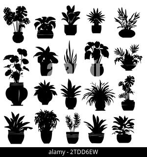 Houseplants. Vector set silhouettes home plants, succulents in pot. Indoor exotic flowers with stems and leaves. Monstera, ficus, pothos, yucca, dracaena, cacti, snake plant for home and interior Stock Vector