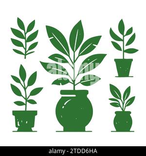 Set different potted houseplants silhouettes. Indoor flowers or plants in flower pots flat vector illustrations collection Stock Vector