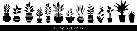 Houseplants. Vector set silhouettes home plants, succulents in pot. Indoor exotic flowers with stems and leaves. Monstera, ficus, pothos, yucca, dracaena, cacti, snake plant for home and interior Stock Vector