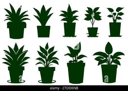 Set different potted houseplants silhouettes. Indoor flowers or plants in flower pots flat vector illustrations collection Stock Vector