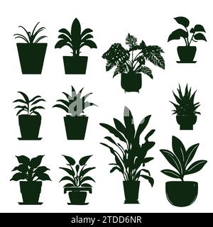 Set different potted houseplants silhouettes. Indoor flowers or plants in flower pots flat vector illustrations collection Stock Vector