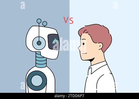 Man competes with robots, not wanting to be left without job due to introduction artificial intelligence technology. Guy feels threat of dismissal associated with robotization and AI robots or cyborgs Stock Vector