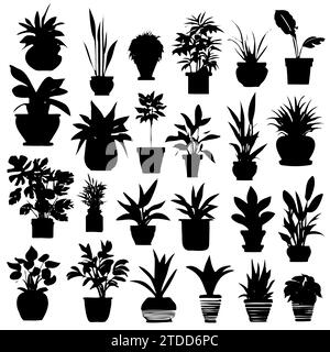Collection silhouettes houseplants. Potted plants isolated on white. Set green tropical plants. Trendy home decor with indoor plants, planters Stock Vector