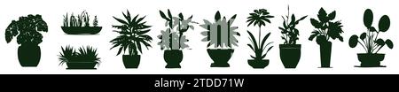 Set different potted houseplants silhouettes. Indoor flowers or plants in flower pots flat vector illustrations collection Stock Vector