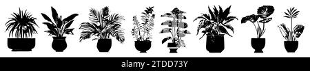 Collection silhouettes houseplants. Potted plants isolated on white. Set green tropical plants. Trendy home decor with indoor plants, planters Stock Vector