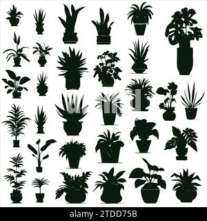 Houseplants. Vector set silhouettes home plants, succulents in pot. Indoor exotic flowers with stems and leaves. Monstera, ficus, pothos, yucca, dracaena, cacti, snake plant for home and interior Stock Vector