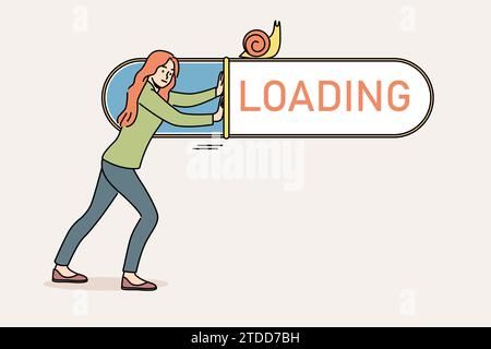 Woman suffers from slow internet and pushes loading bar with snail, needing to connect to 5G network. Problems with internet causing decrease in productivity for completing work tasks Stock Vector