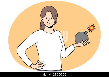 Smiling young woman holding bomb in hands. Happy girl with explosive weapon. Danger and explosive. Vector illustration. Stock Vector