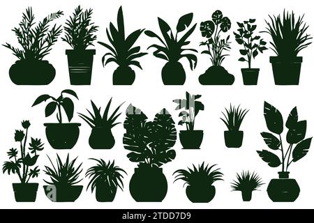 Collection silhouettes houseplants. Potted plants isolated on white. Set green tropical plants. Trendy home decor with indoor plants, planters Stock Vector
