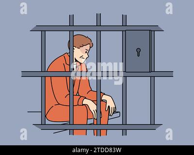 Man criminal sits in prison cell and is sad because of unfair court decision or lack of right to amnesty. Prisoner is serving prison sentence in correctional facility after committing illegal acts. Stock Vector