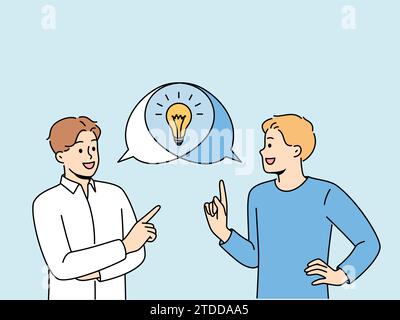 Man is doing joint brainstorming session, discussing ideas for making money, standing near speech bubbles with light bulb. Teamwork of student guys using brainstorming to find consensus Stock Vector