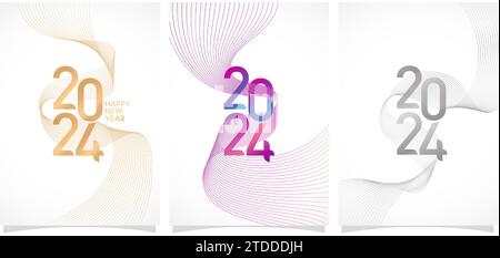 three Set of abstract backgrounds with curved wavy lines and numbers 2024 Vector illustration for New Years calendar, covering, social media headers Stock Vector