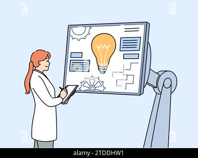 Woman industrial engineer is working on creation of robotics standing near monitor with gears and light bulb. Girl engineer is engaged in digitalization of production and implementation of robotics Stock Vector