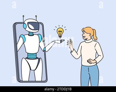 Woman communicates with AI chat bots on phone through mobile application and uses artificial intelligence to find new ideas. Robot on smartphone screen symbolizes chat bots answering user questions Stock Vector
