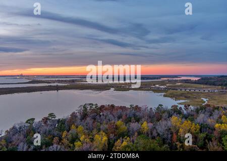 Daphne, Alabama and Mobile Bay at sunset in November Stock Photo
