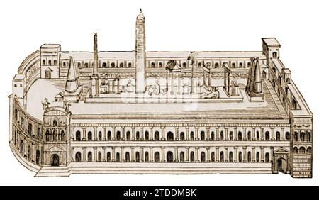 An old engraving showing the typical design of an ancient Roman circus -  A kind of amphitheatre in the form of a large open-air venue used mainly for chariot races and other kinds of entertainment. The central strip, the spina  usually featured ornamental columns, statues and   obelisks, with the turning points at each end being marked by conical poles, called the metae  or meta -  Un'antica incisione che mostra il design tipico di un antico circo romano - Una sorta di anfiteatro a forma di grande luogo all'aperto utilizzato principalmente per corse di bighe e altri tipi di intrattenimento. Stock Photo