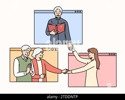 Priest leads online christian mass holding hands with parishioners of different ages located in internet windows. Digital mass for men and women who cannot attend christian church due to quarantine Stock Vector