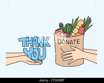 Bag of food in hands of man near inscription thank you, for concept of charity and helping people in need. Metaphor for fight against hunger and provision of food stamps to citizens left without work Stock Vector