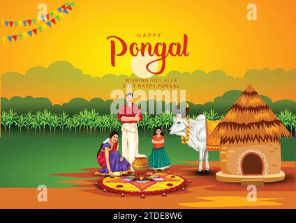 new illustration of Happy Pongal Holiday Harvest Festival of Tamil Nadu family making Pongal. abstract vector background design Stock Vector