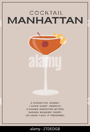 Manhattan Classic Cocktail garnished with maraschino cherry. Classic alcoholic beverage recipe wall art print. Summer aperitif poster. Minimalist Stock Vector