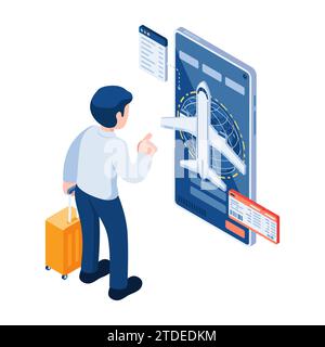 Flat 3d Isometric Businessman Booking Flight Online with Smartphone. Flight Ticket Booking and Business Travel Concept. Stock Vector