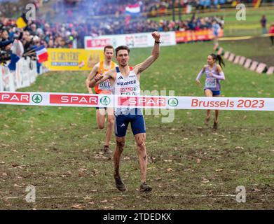 Alexis Miellet of France crosses the finishing line to help his team win gold in the mixed relay race at the SPAR European Cross Country Championships Stock Photo