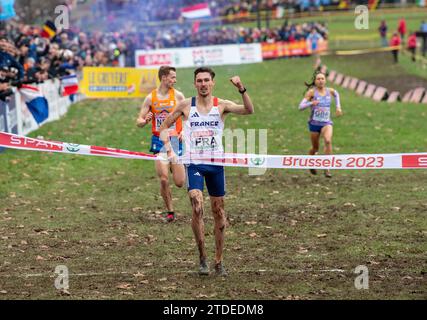 Alexis Miellet of France crosses the finishing line to help his team win gold in the mixed relay race at the SPAR European Cross Country Championships Stock Photo