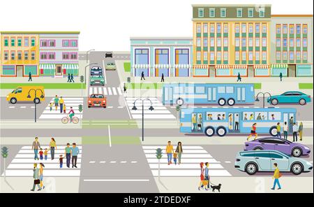 City with road traffic, bus stop, and pedestrians on the zebra crossing, illustration Stock Vector