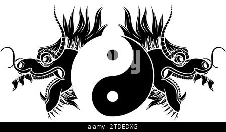 black silhouette of Japanese dragon head vector illustration in vintage style isolated on white background Stock Vector