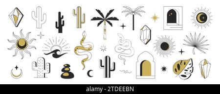 Vector bohemian linear logos. Boho logo cactus, sun, moon, crystals, palms, window and desert icons. Celestial mystic esoteric magic and geometric abstract design elements. Line symbols set. Stock Vector