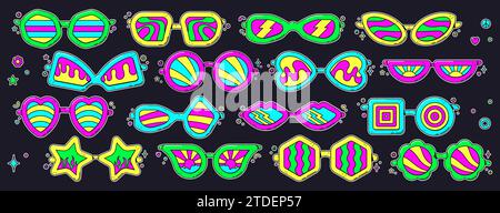 Groovy trippy bright psychedelic sunglasses set. Hippie eyewear. Stock Vector
