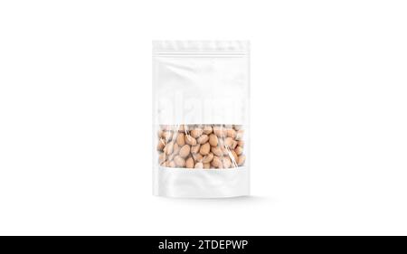 Blank white zipper pouch with nuts stand mockup, front view, 3d rendering. Empty sealed package with hazelnut or filbert mock up, isolated. Clear disp Stock Photo