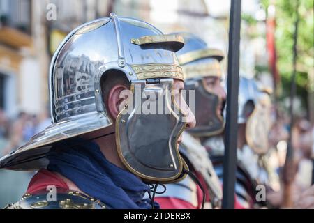 Merida, Spain - June 3th, 2023: Roman legionaries in formation. Emerita Ludica Festival 2023, Merida, Spain Stock Photo