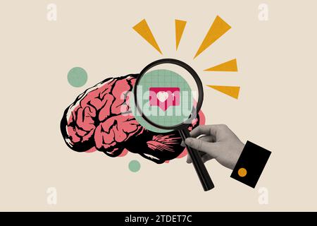 Creative collage picture illustration arm hold magnifier zoom search info unusual exclusive draw pink brain idea like reaction positive Stock Photo