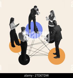 Emotional meeting of employees. Colleagues arguing on projects, trying to reach common agreement. Contemporary art collage. Stock Photo
