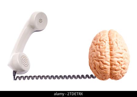 Telephone receiver with human brain anatomical model isolated on white background. Stock Photo