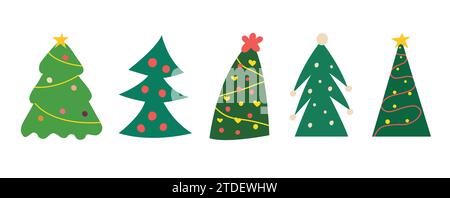 Set of winter christmas trees green color. Doodle Scandinavian style new year concept for print. Stock Vector