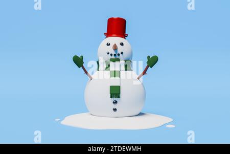 Snowman wearing red pot as a hat, scarf and gloves isolated on white ...