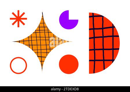 Brutalist posters set with abstract geometric shapes and naive grids. Brutal contemporary figure star oval spiral wave and other primitive elements an Stock Vector