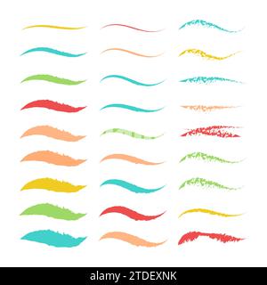 Collection of strikethrough multi colored charcoal crayon underlines. different doodle colorful wavy lines emphasis. Horizontal hand drawn marker stri Stock Vector