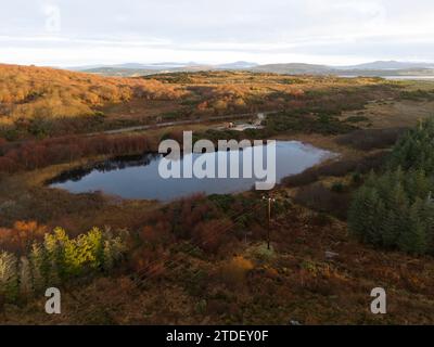 Aerial of lake in a peatbog by Clooney, Portnoo - County Donegal, Ireland Stock Photo