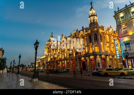 Night shot of the Theatre of Havana, Havana, Cuba, West Indies, Central America Stock Photo
