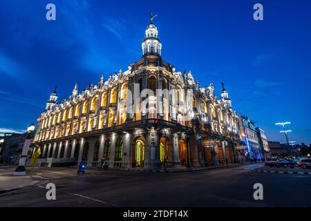 Night shot of the Theatre of Havana, Havana, Cuba, West Indies, Central America Stock Photo